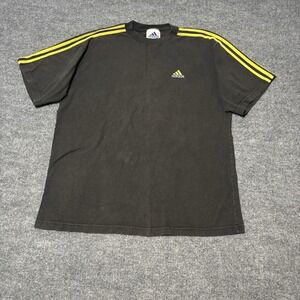 Adidas   T-Shirt  Mens L Black Yellow 3-Stripes Crew Neck Cotton Sports Athletic